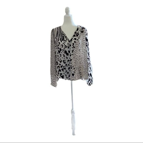 Cabi Cream & Brown Long Sleeve Wrap around Blouse - Picture 1 of 5